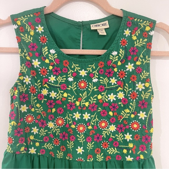 Cherokee Girls Sz L Green Embroidered Floral Sleeveless Summer Cotton Dress - Picture 3 of 9